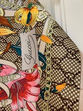 Gucci Multicolor Floral GG Silk Scarf with Orange & Teal Accents